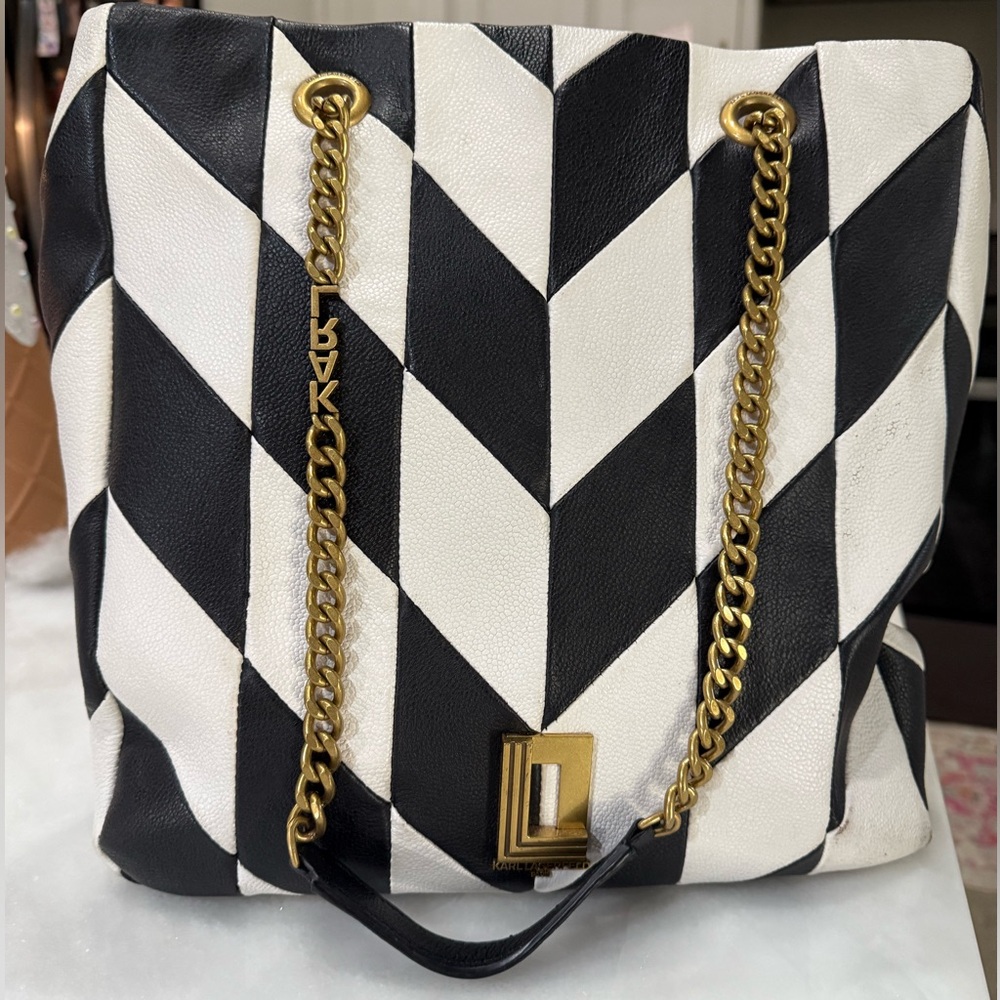 KARL LAGERFELD PARIS Lafayette Checkered Leather Shoulder Bag Tote & dust bag